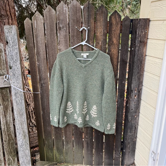 Eddie Bauer Green Wool Fair Isle Embroidery Chunky Knit V-Neck Sweater Sz L - Picture 4 of 15